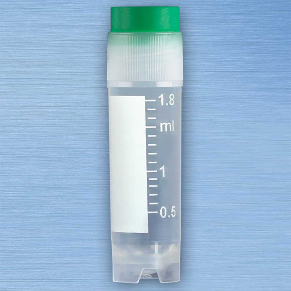 CryoCLEAR vials, 2.0mL, STERILE, External Threads, Assembled GREEN Screwcap with Co-Molded Thermoplastic Elastomer (TPE) Sealing Layer, Round Bottom, Self-Standing, Printed Graduations, Writing Space and Barcode, 50/Bag, 10 Bags/Case