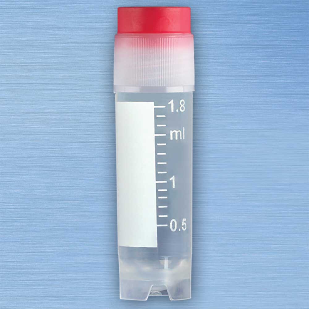 CryoCLEAR vials, 2.0mL, STERILE, External Threads, Assembled RED Screwcap with Co-Molded Thermoplastic Elastomer (TPE) Sealing Layer, Round Bottom, Self-Standing, Printed Graduations, Writing Space and Barcode, 50/Bag, 10 Bags/Case