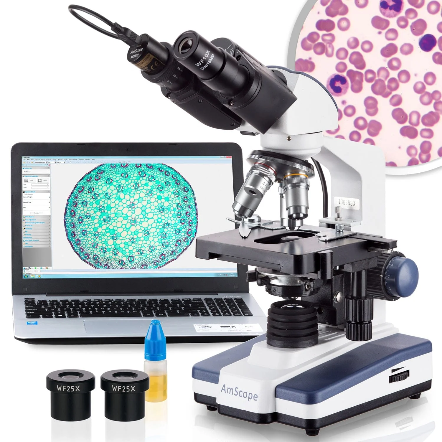 AmScope B120 Educational Compound Microscope – 40X–2500X, 3D Mechanical Stage, 5MP Camera & Student Software