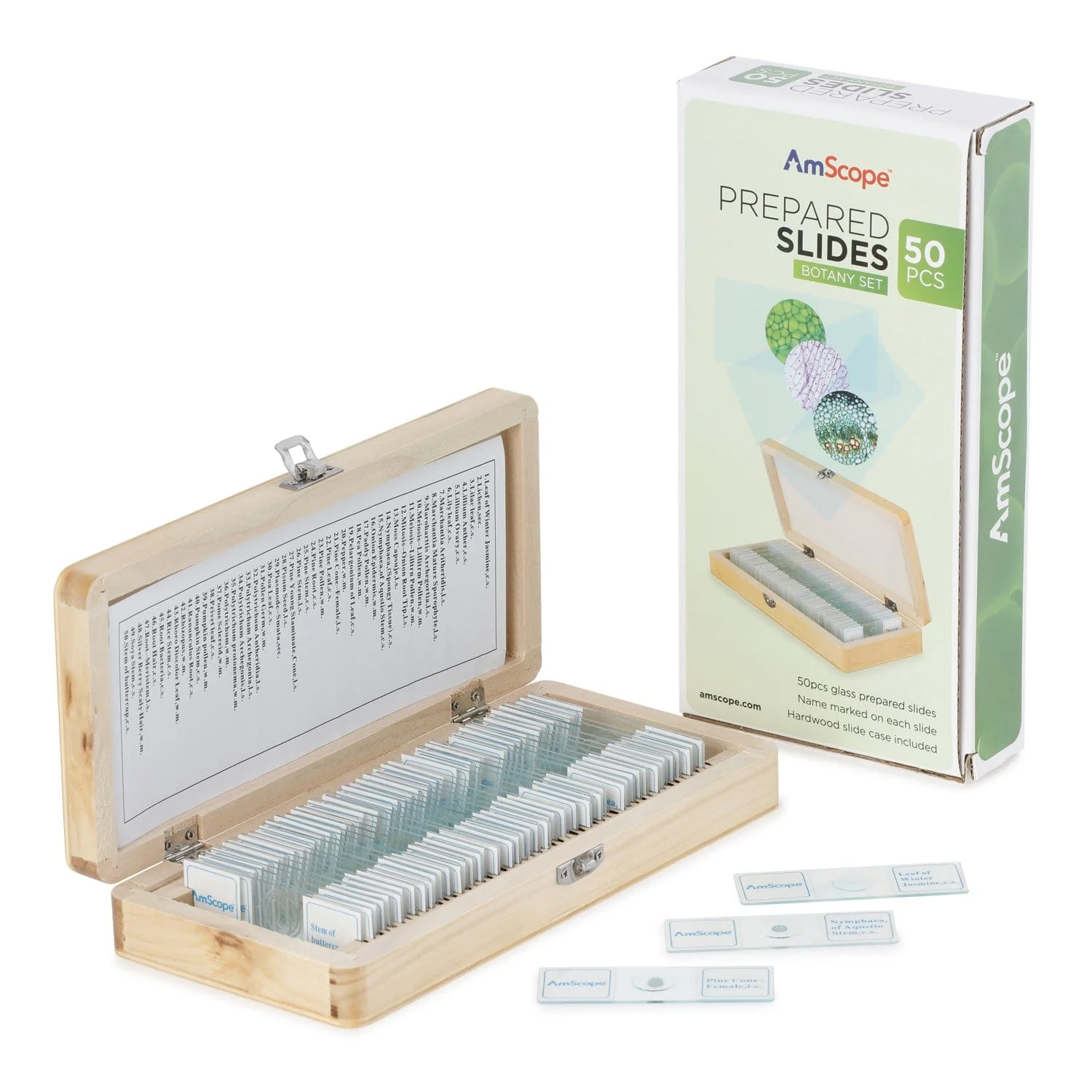 AmScope 50pc Prepared Glass Microscope Botany Slide Specimens with Wooden Case