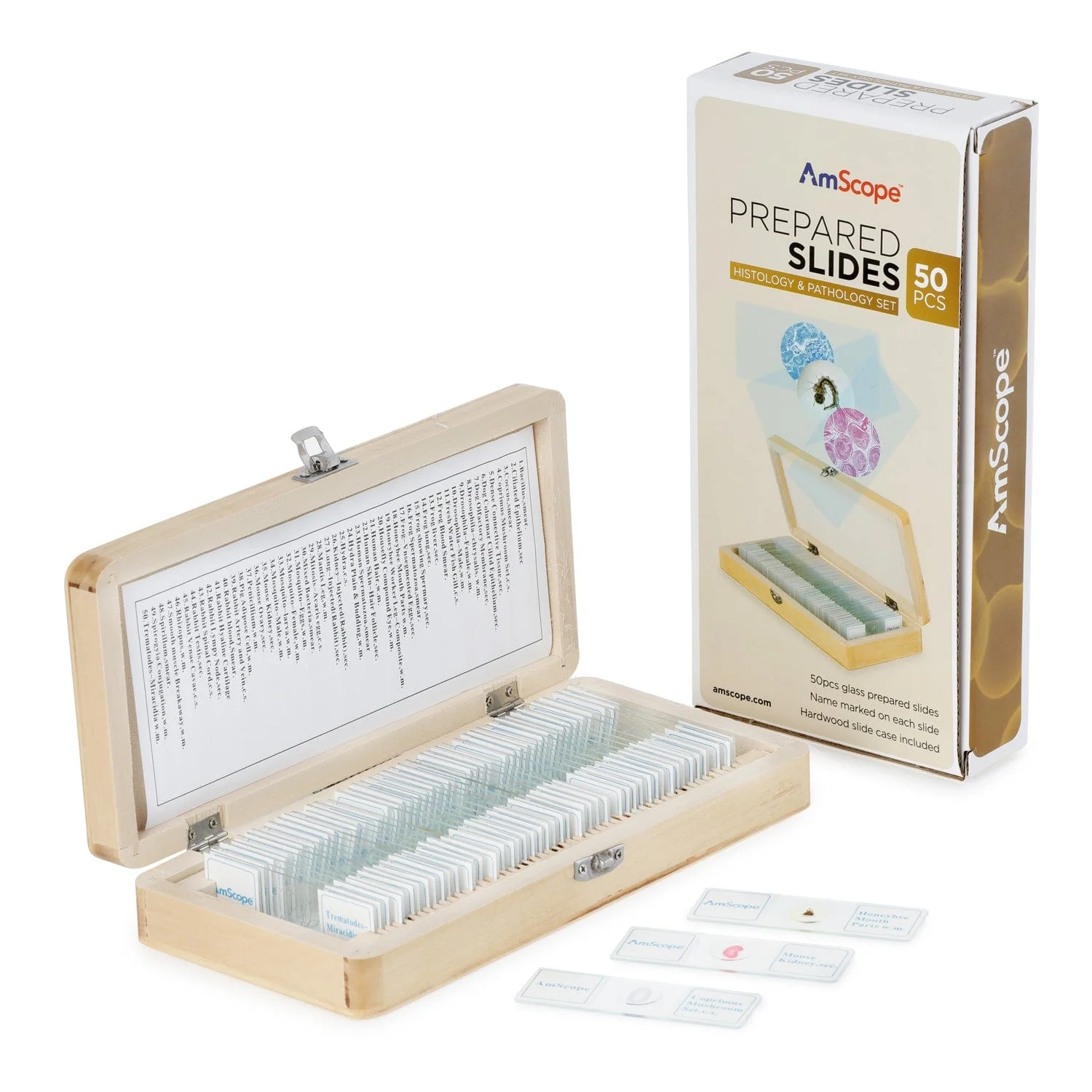 AmScope 50pc Prepared Glass Microscope Histology & Pathology Slide Specimens with Wooden Case