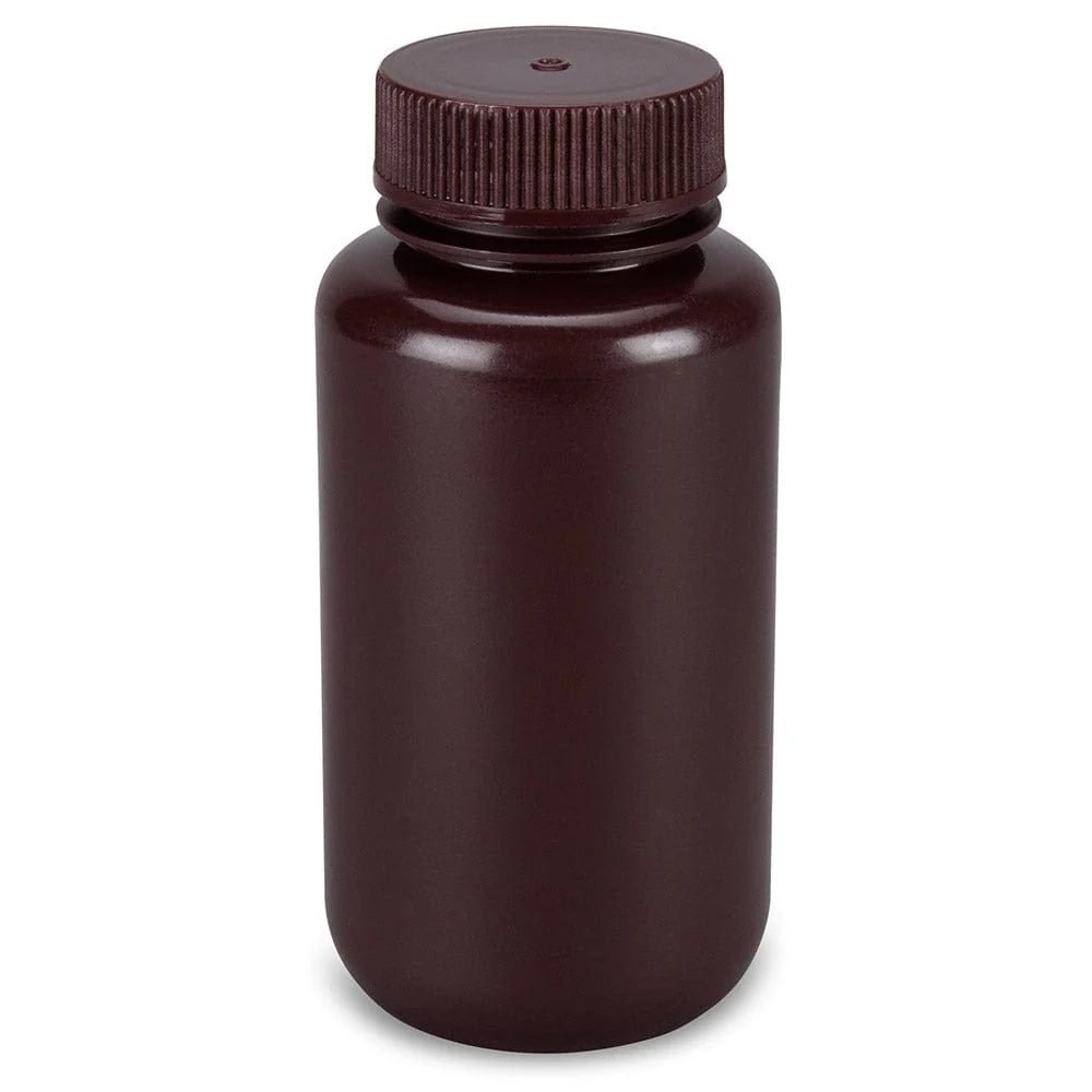 Bottle, Wide Mouth, Round, Amber HDPE with Amber PP Closure, 250mL, Bulk Packed with Bottles and Caps Bagged Separately, 250/Case