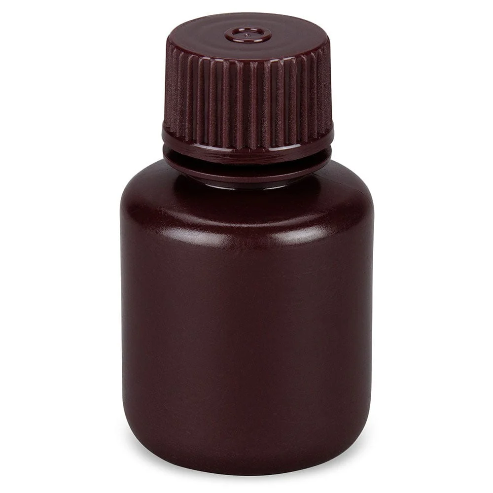 Bottle, Narrow Mouth, Boston Round, Amber HDPE with Amber PP Closure, 30mL, Bulk Packed with Bottles and Caps Bagged Separately, 1000/Case