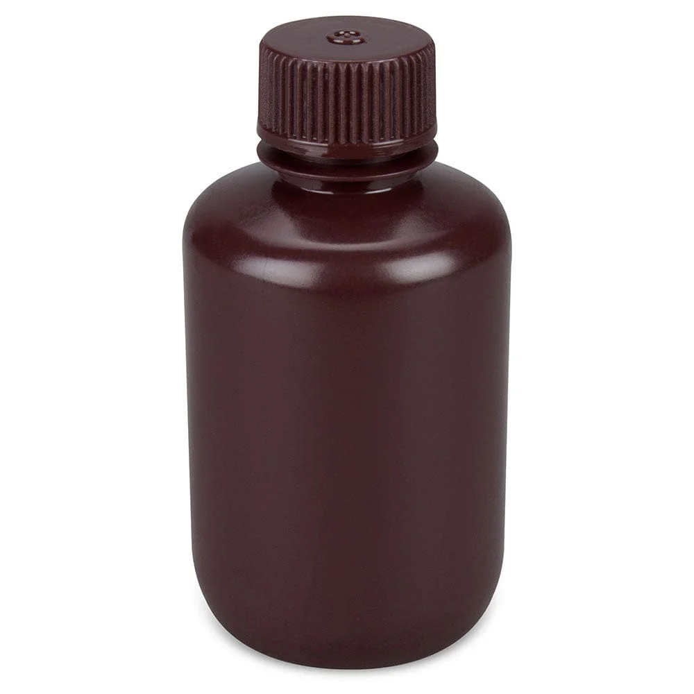 Bottle, Narrow Mouth, Boston Round, Amber HDPE with Amber PP Closure, 125mL, Bulk Packed with Bottles and Caps Bagged Separately, 500/Case