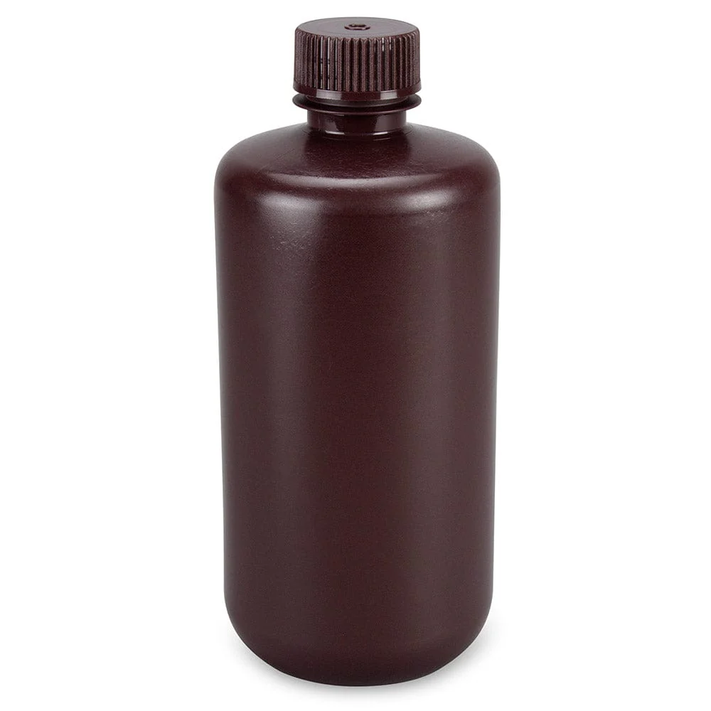 Bottle, Narrow Mouth, Boston Round, Amber HDPE with Amber PP Closure, 500mL, Bulk Packed with Bottles and Caps Bagged Separately, 125/Case