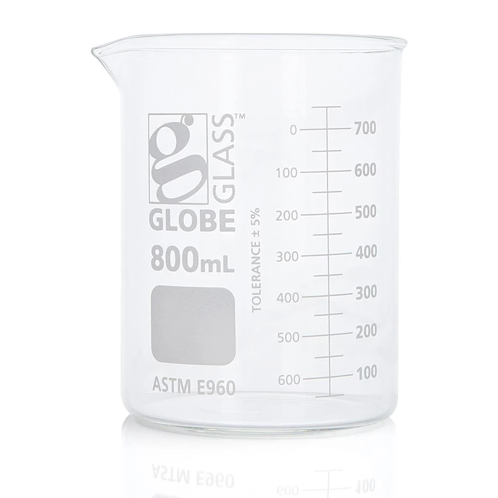 Beaker, Globe Glass, 800mL, Low Form Griffin Style, Dual Graduations, ASTM E960, 6/Box
