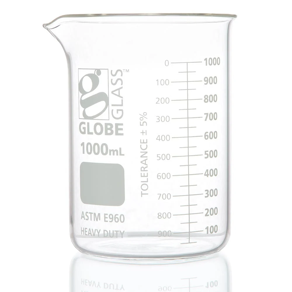 Beaker, Globe Glass, 1000mL, Low Form Griffin Style, Heavy Duty, Dual Graduations, ASTM E960, 6/Box