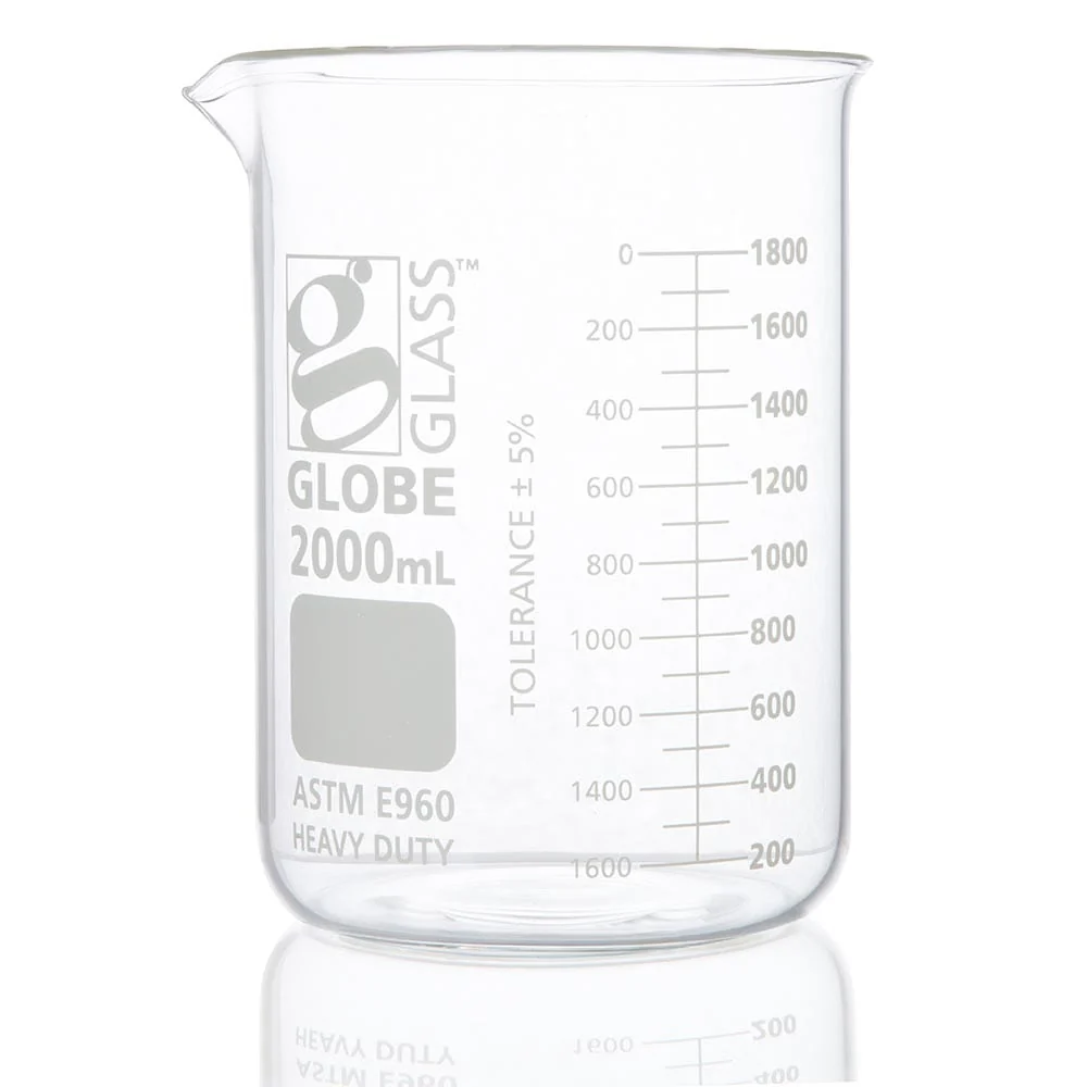 Beaker, Globe Glass, 2000mL, Low Form Griffin Style, Heavy Duty, Dual Graduations, ASTM E960, 4/Box