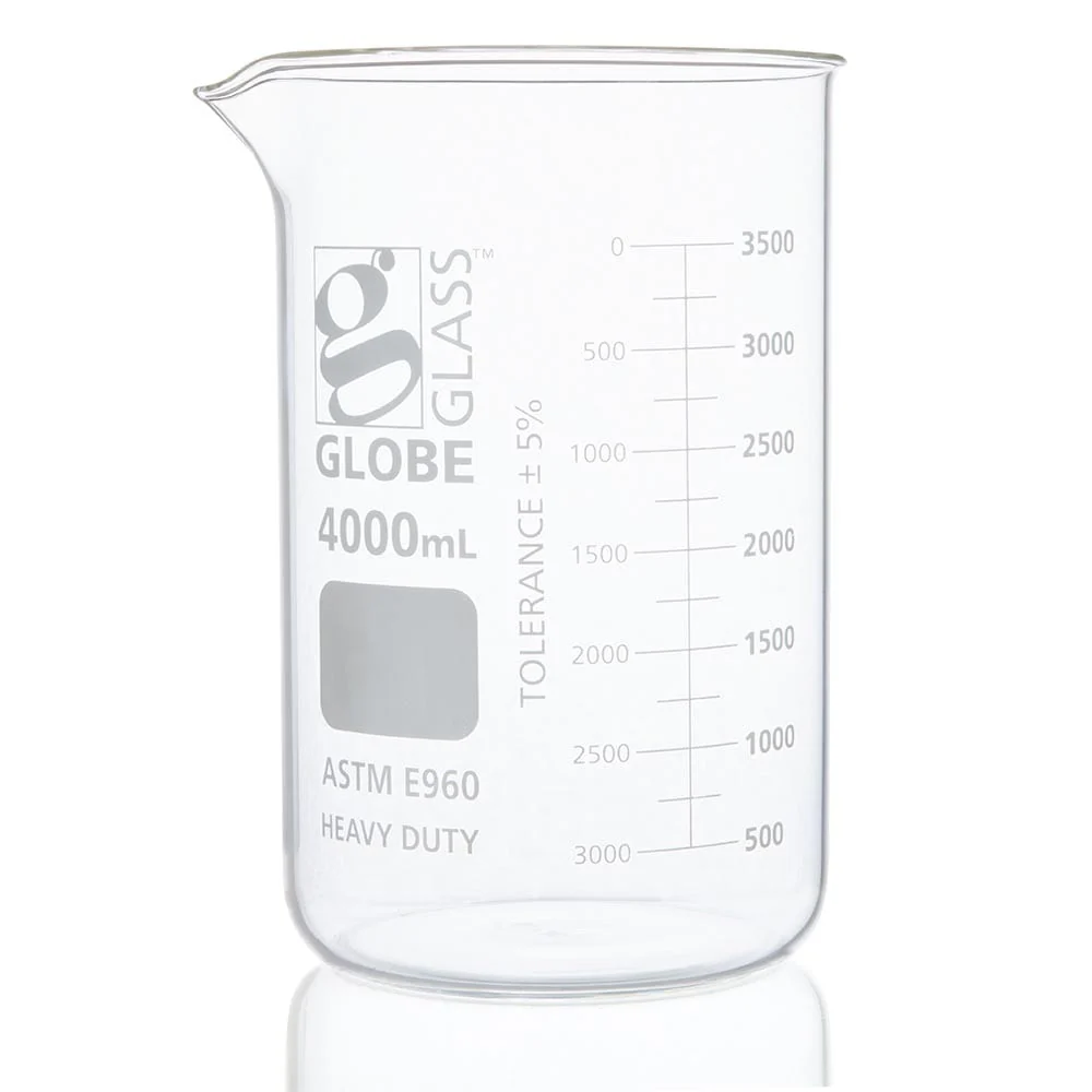 Beaker, Globe Glass, 4000mL, Low Form Griffin Style, Heavy Duty, Dual Graduations, ASTM E960, 1/Box