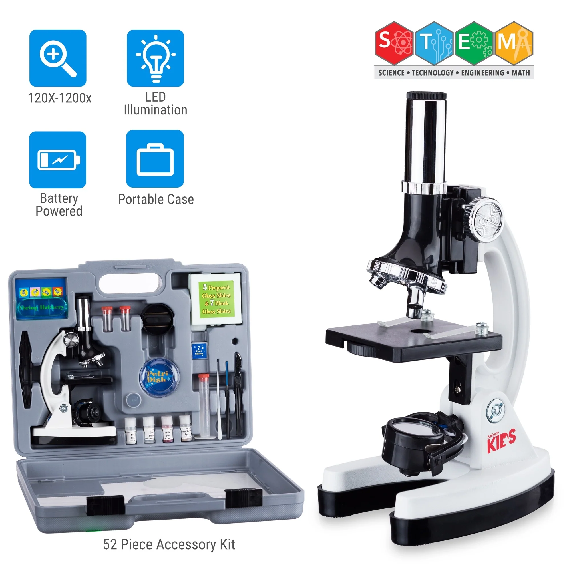 Amscope M30-ABS-KT2-W Monocular Compound Microscope for Kids – Up to 1200X LED Illumination STEM Education Microscopes, Student Lab Microscopes, Biological Science Microscopes