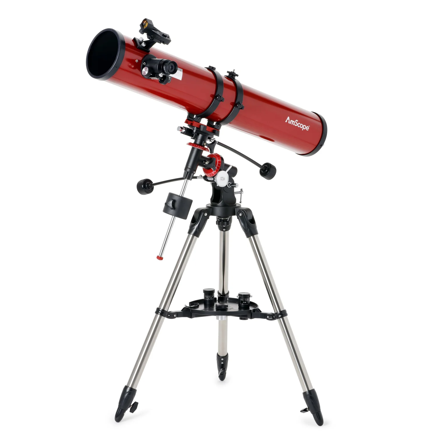 AmScope Reflector EQ Telescope with Equatorial Mount, 114mm Aperture, 900mm Focal Length, Stainless Steel Tripod and Red Dot Finder