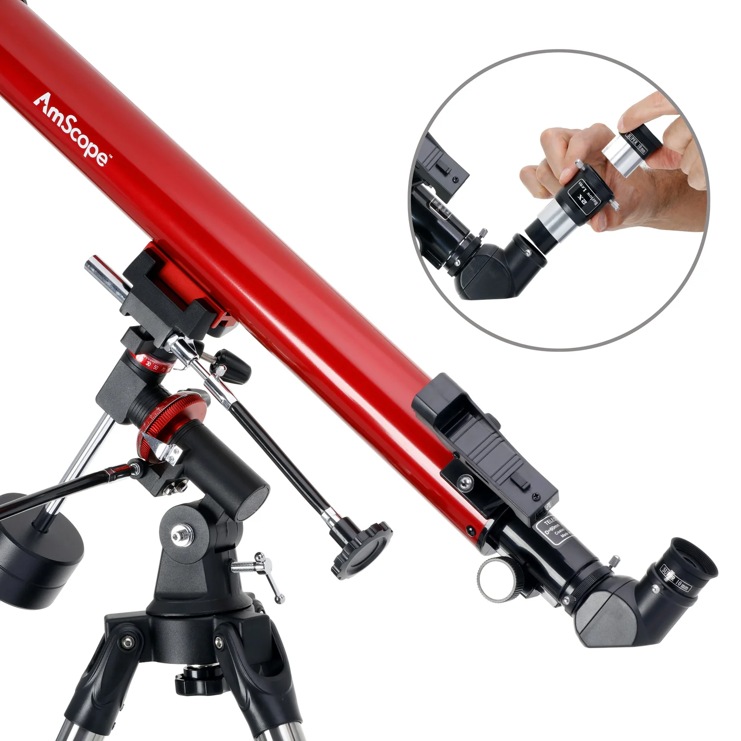 AmScope Refractor EQ Telescope with Equatorial Mount, 60mm Aperture, 800mm Focal Length, Stainless Steel Tripod and Red Dot Finder - Image 3