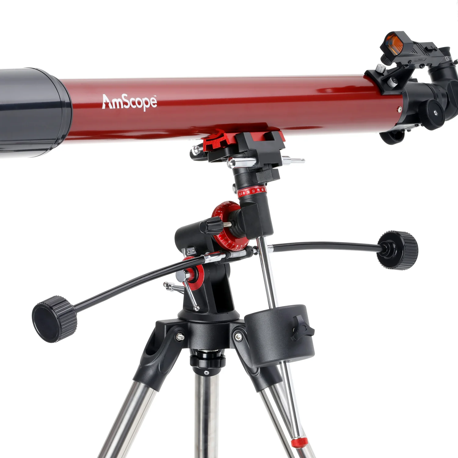 AmScope Refractor EQ Telescope with Equatorial Mount, 70mm Aperture, 900mm Focal Length, Stainless Steel Tripod and Red Dot Finder - Image 3