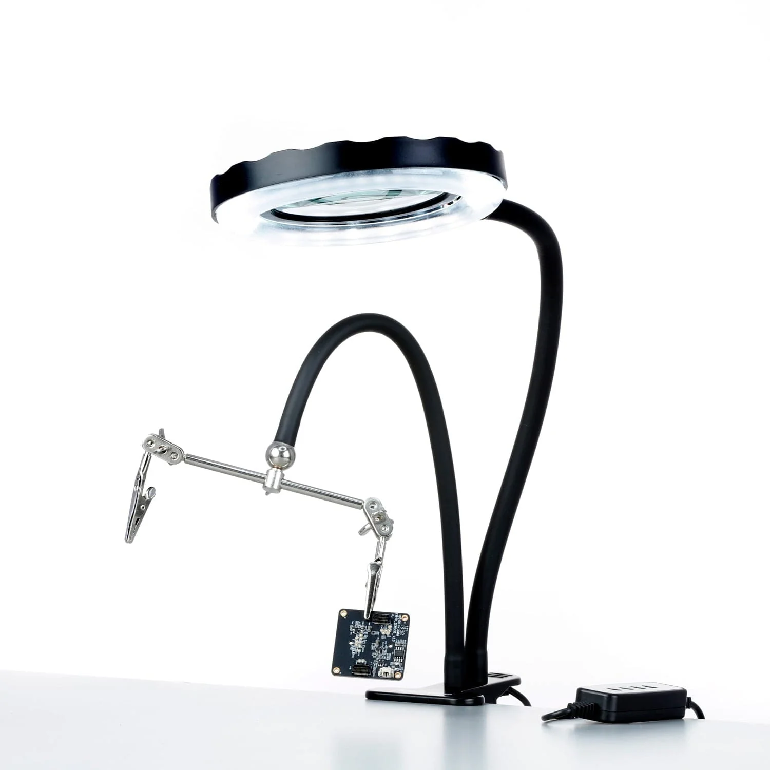 AmScope 1.75X Magnification Dual Gooseneck 4" Diameter Lens 8W LED Clip-on Magnifying Lamp in Black with Circuit Board Holder - Image 3