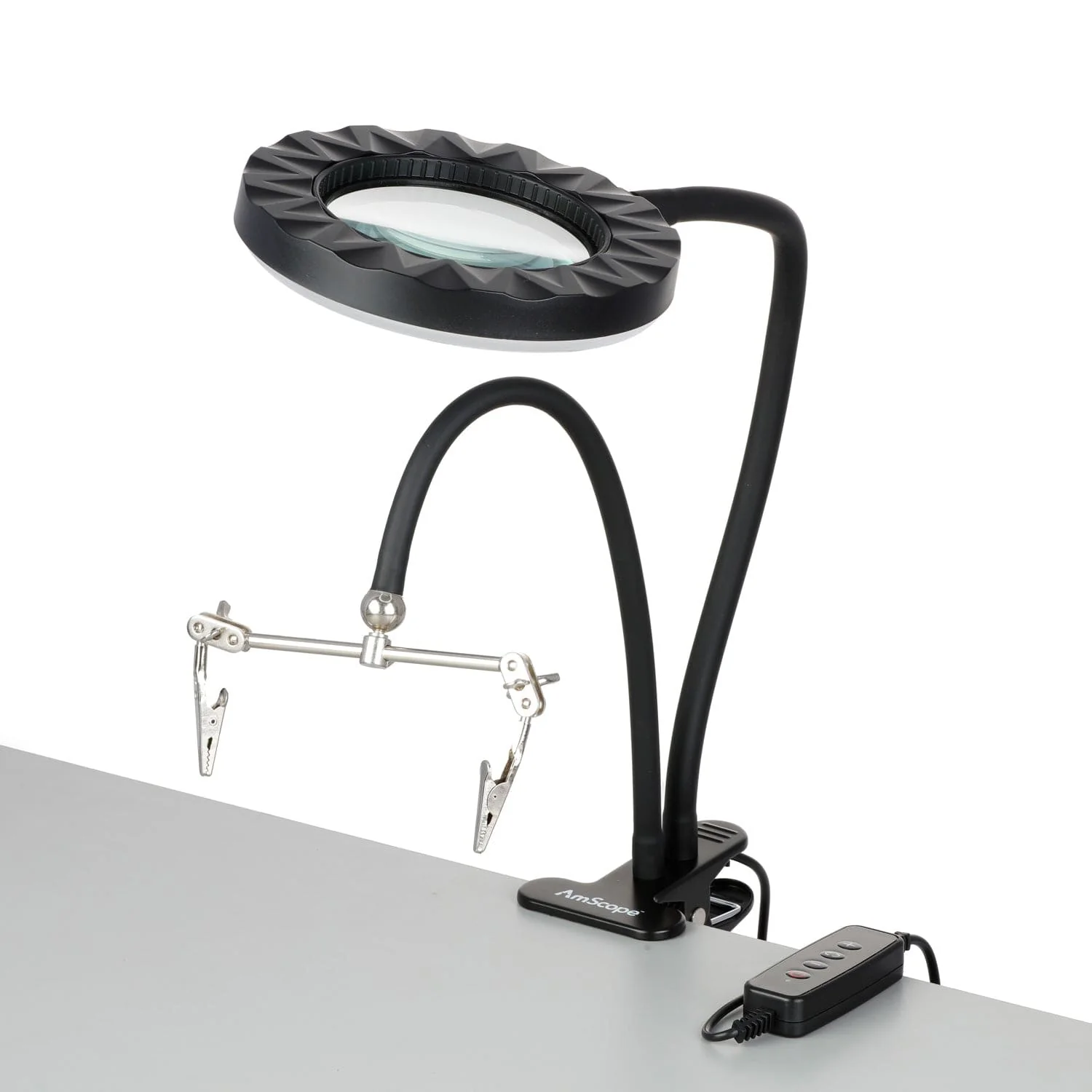 AmScope 1.75X Magnification Dual Gooseneck 4" Diameter Lens 8W LED Clip-on Magnifying Lamp in Black with Circuit Board Holder - Image 6