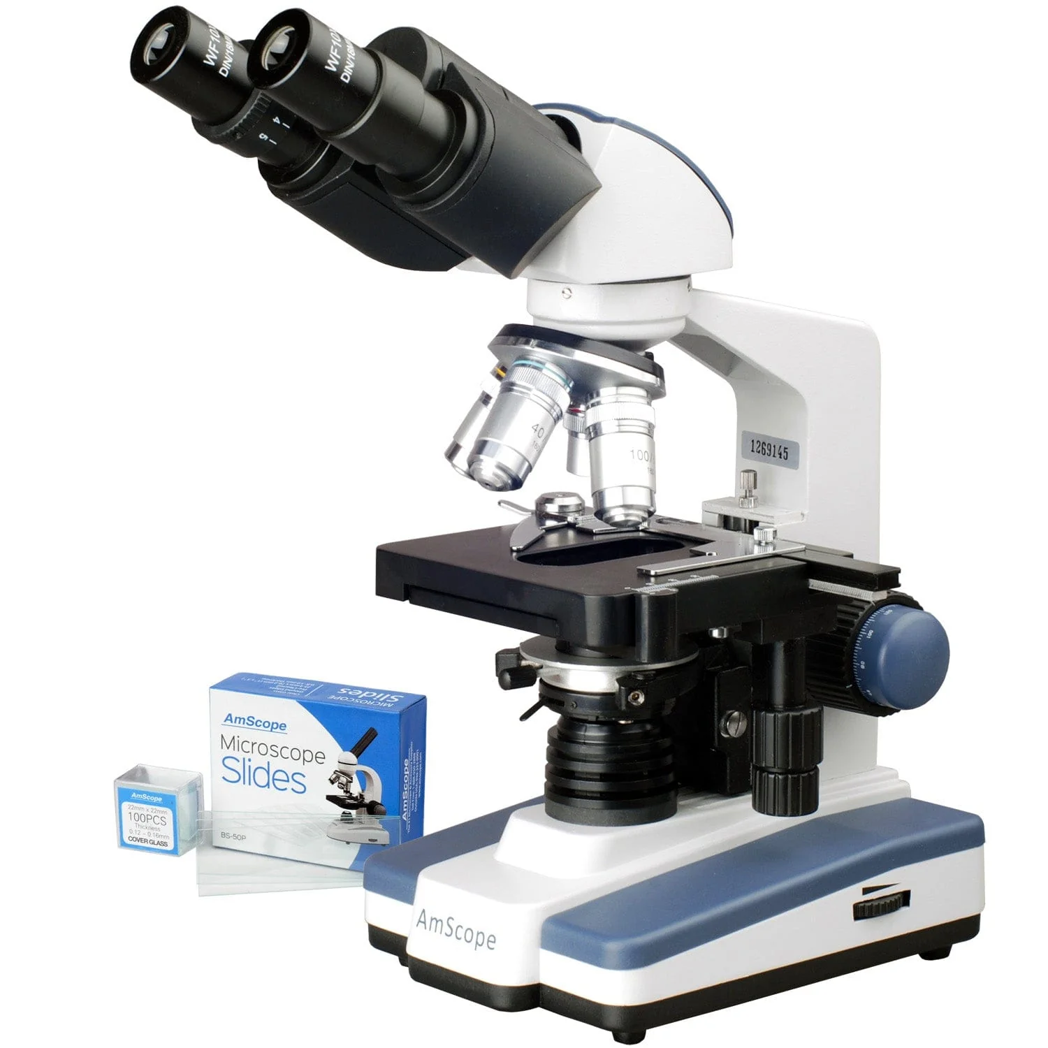 AmScope B020 Series LED Lab Compound Microscope 40X-2500X Magnification with 3D Two-Layer Mechanical Stage + Slides