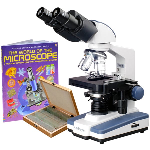 AmScope B120 Series Binocular Compound Microscope 40X-2500X Magnification with LED, Siedentopf Head, 3D Stage, Book and 100 Prepared Slides