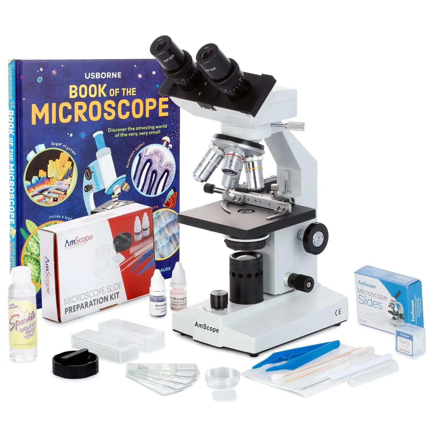 AmScope B100 Series Biological Binocular Compound Microscope 40X-1000X Magnification with LED, Mech. Stage, Slide Making Kit + Optional Digital Camera and Book