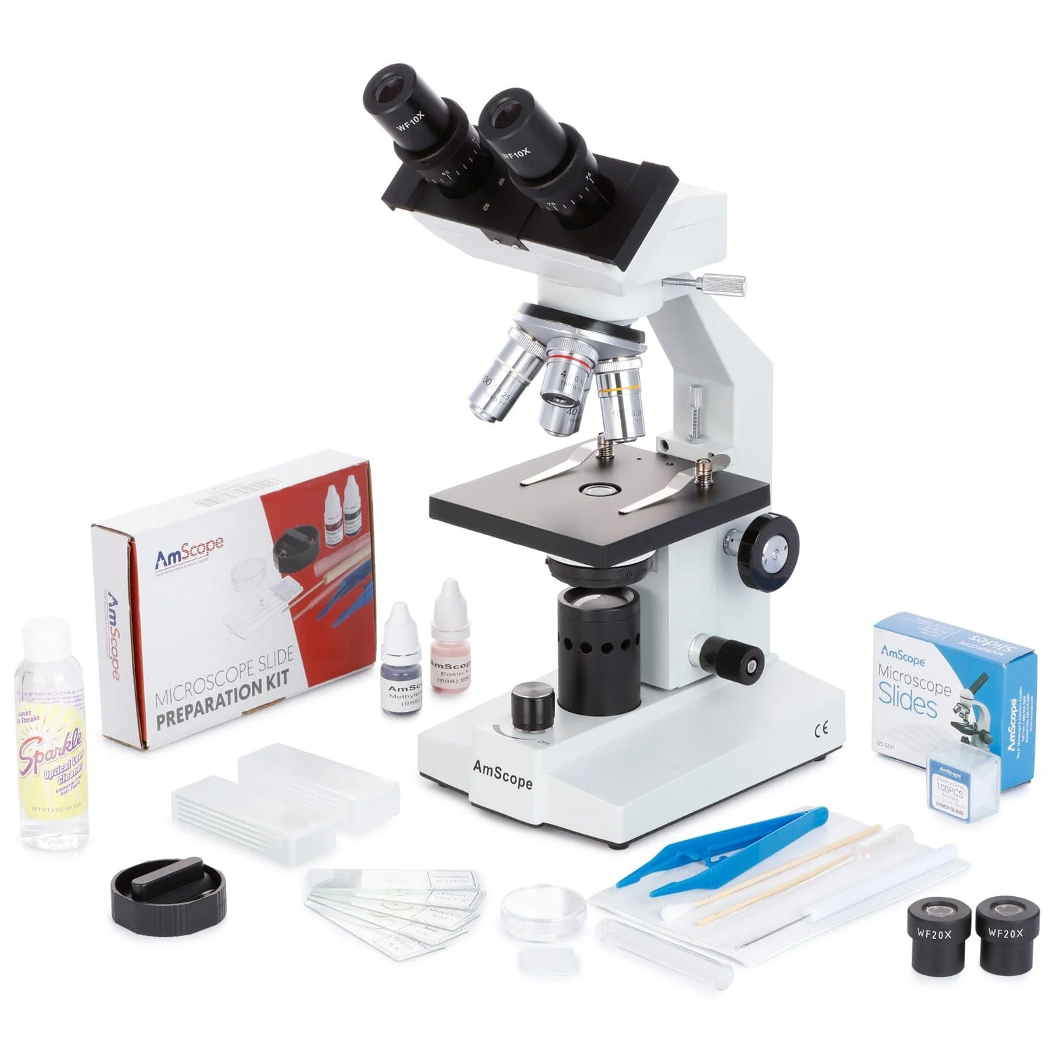 AmScope B100 Series Biological Binocular Compound Microscope 40X-1000X Magnification with LED, Slide Making Kit + Optional Digital Camera and Book