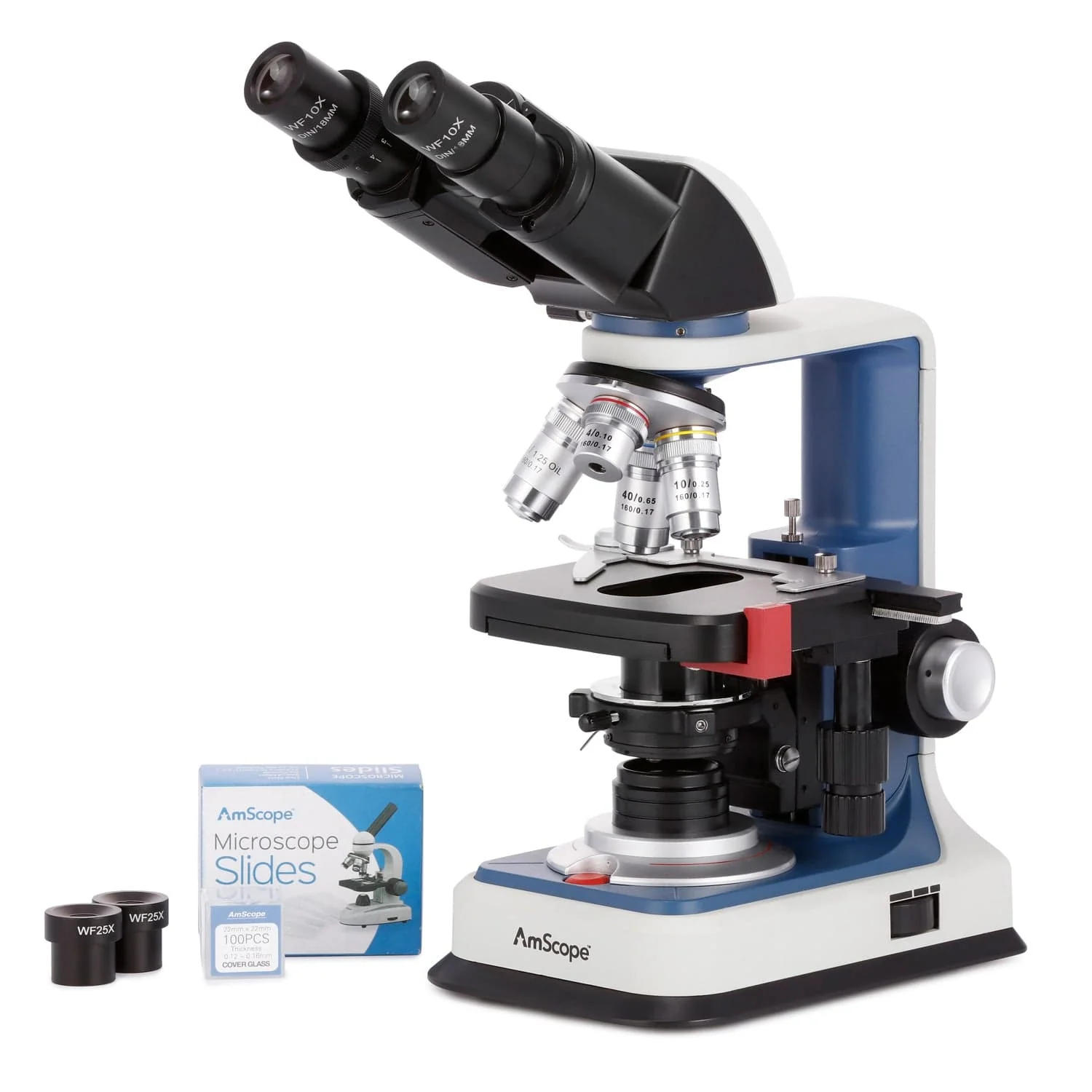 AmScope B120C-R Series USB-C Rechargeable Student Binocular Compound Microscope 40X-2500X Magnification with 3D Two-Layer Mechanical Stage, Achromatic Objectives, LED illuminator, 50pc Blank Slides & 100pc Cover Slips