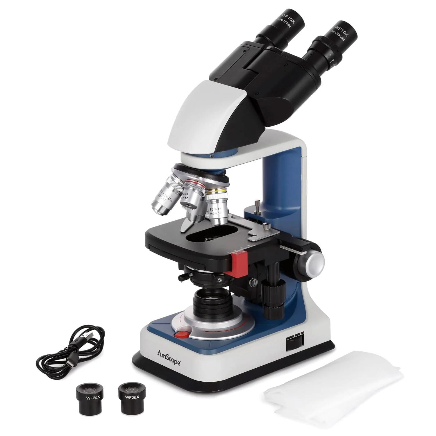 AmScope B120C-R Series USB-C Rechargeable Student Binocular Compound Microscope 40X-2500X Magnification with 3D Two-Layer Mechanical Stage, Achromatic Objectives, LED illuminator, 50pc Blank Slides & 100pc Cover Slips - Image 6