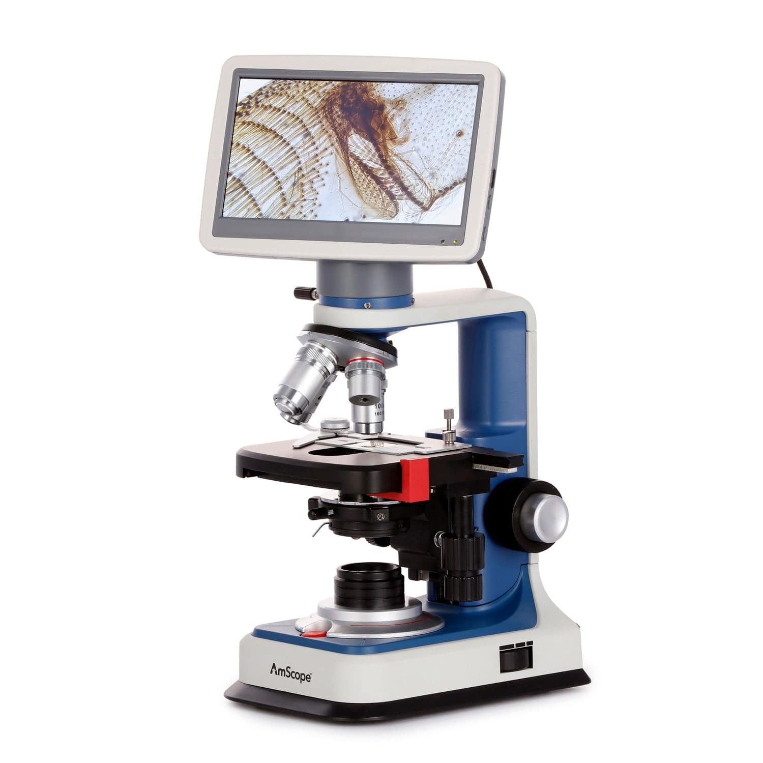 AmScope B120C-R Series USB-C Rechargeable Student Binocular Compound Microscope 40X-2500X Magnification with 7" Digital Display Camera Head