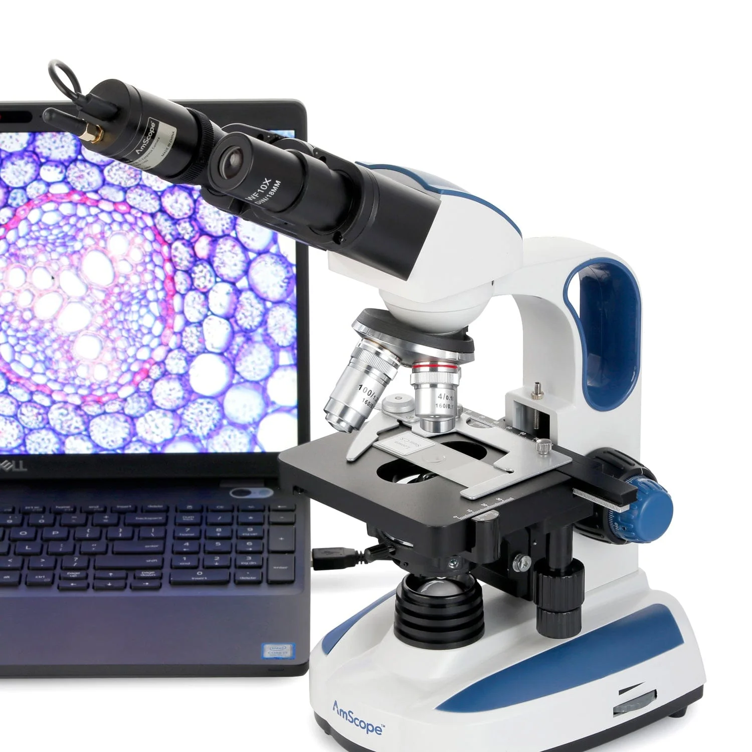 AmScope Binocular Compound Microscope 40X-2500X MagnificationStudent & Professional w/ LED, 3D Stage + Wi-Fi 2.0MP Digital Eyepiece Camera, 50pc Blank Slides & 100pc Cover Slips, 25pc Pipettes - Image 3