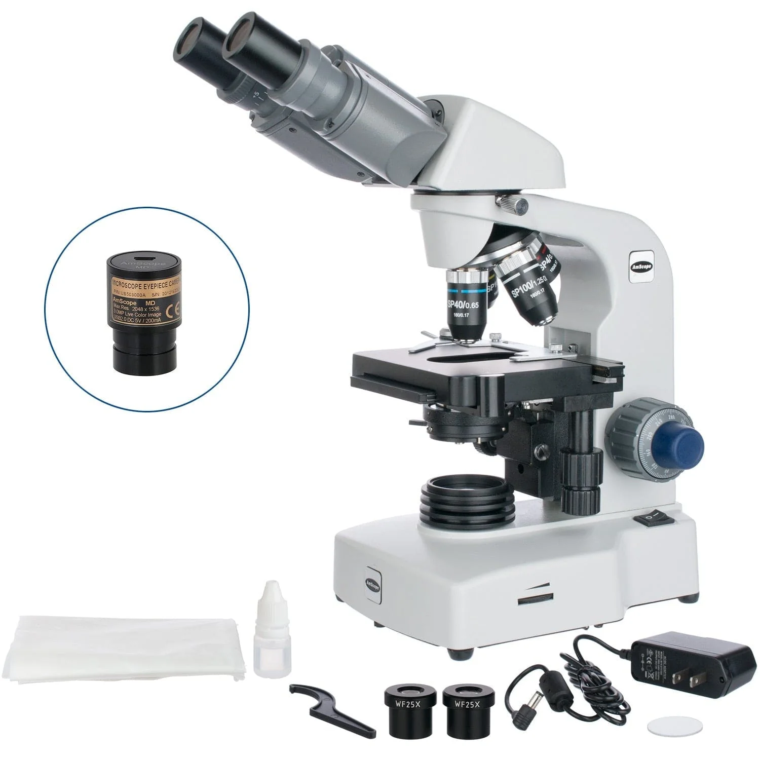 AmScope B450 Series Semi-Plan LED Biological Binocular Compound Microscope with 3D Mechanical Stage and Optional Digital Camera - Image 2