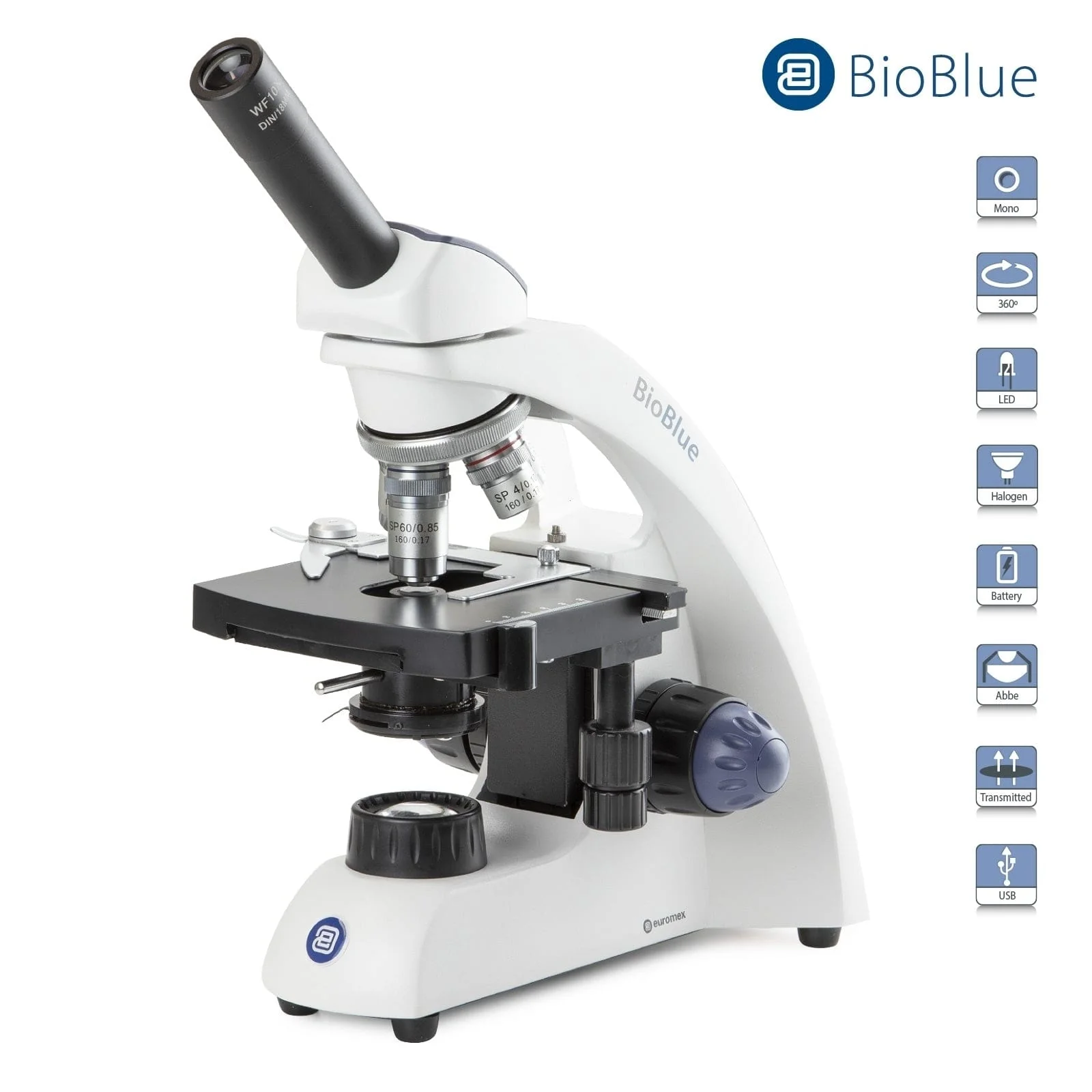 Euromex BioBlue Series Portable Monocular Compound Microscope with Spring Loaded Objective and Mechanical X-Y Stage
