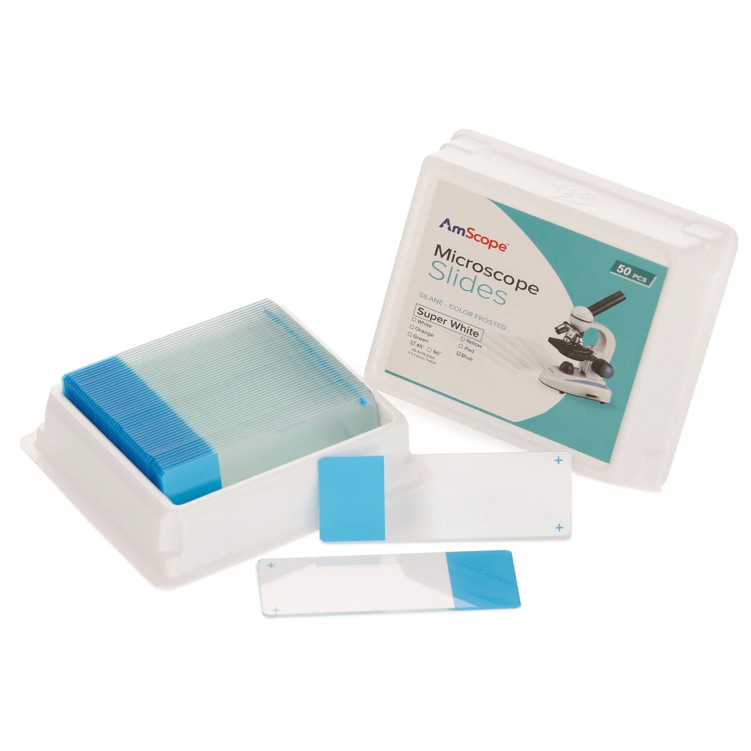 AmScope 50pc Blank Silane Slides with Single Frosted, Blue-Coated Side