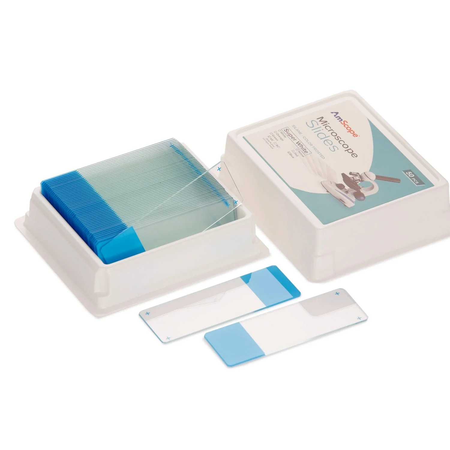 AmScope 50pc Blank Silane Slides with Single Frosted, Blue-Coated Side - Image 2