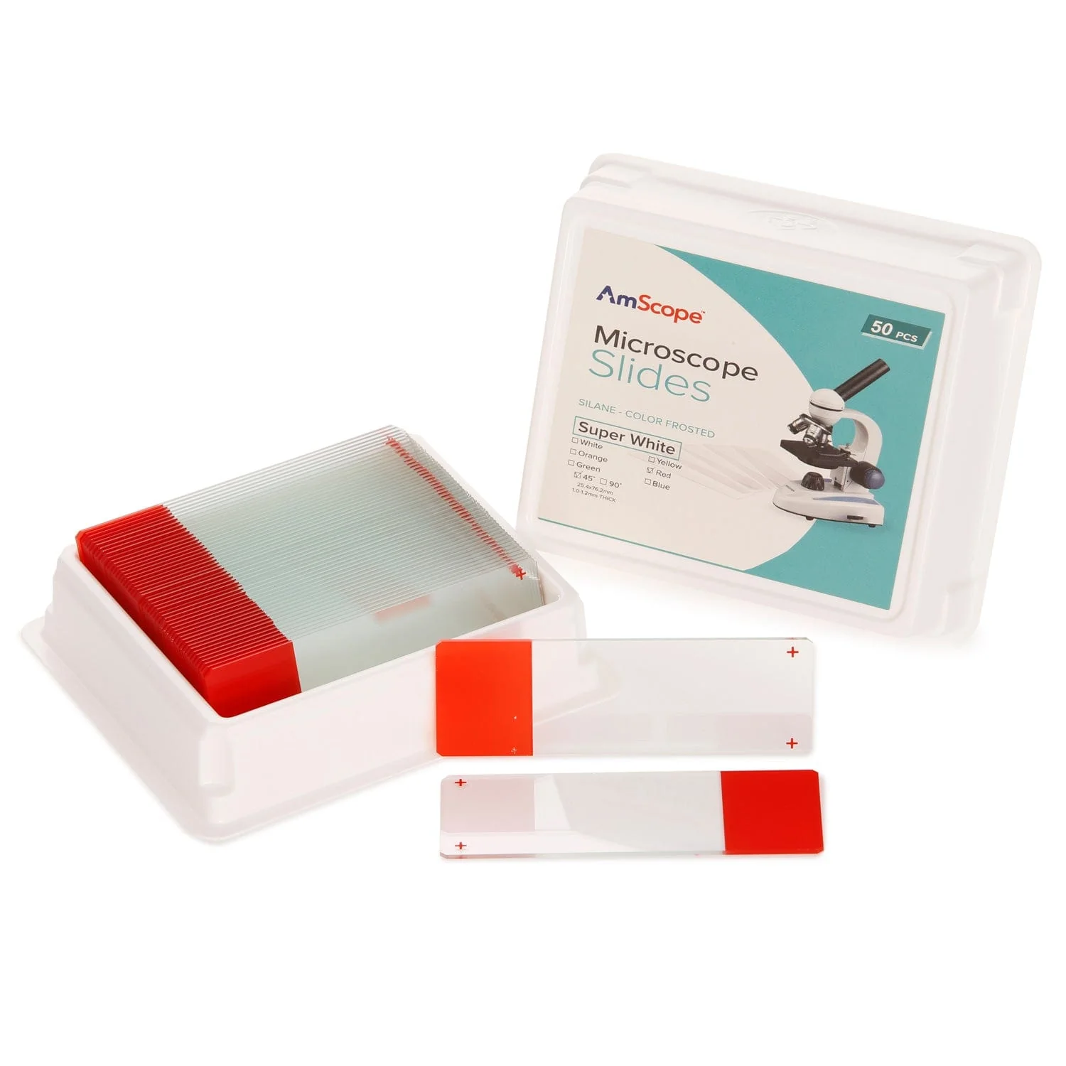 AmScope 50pc Blank Silane Slides with Single Frosted, Red-Coated Side