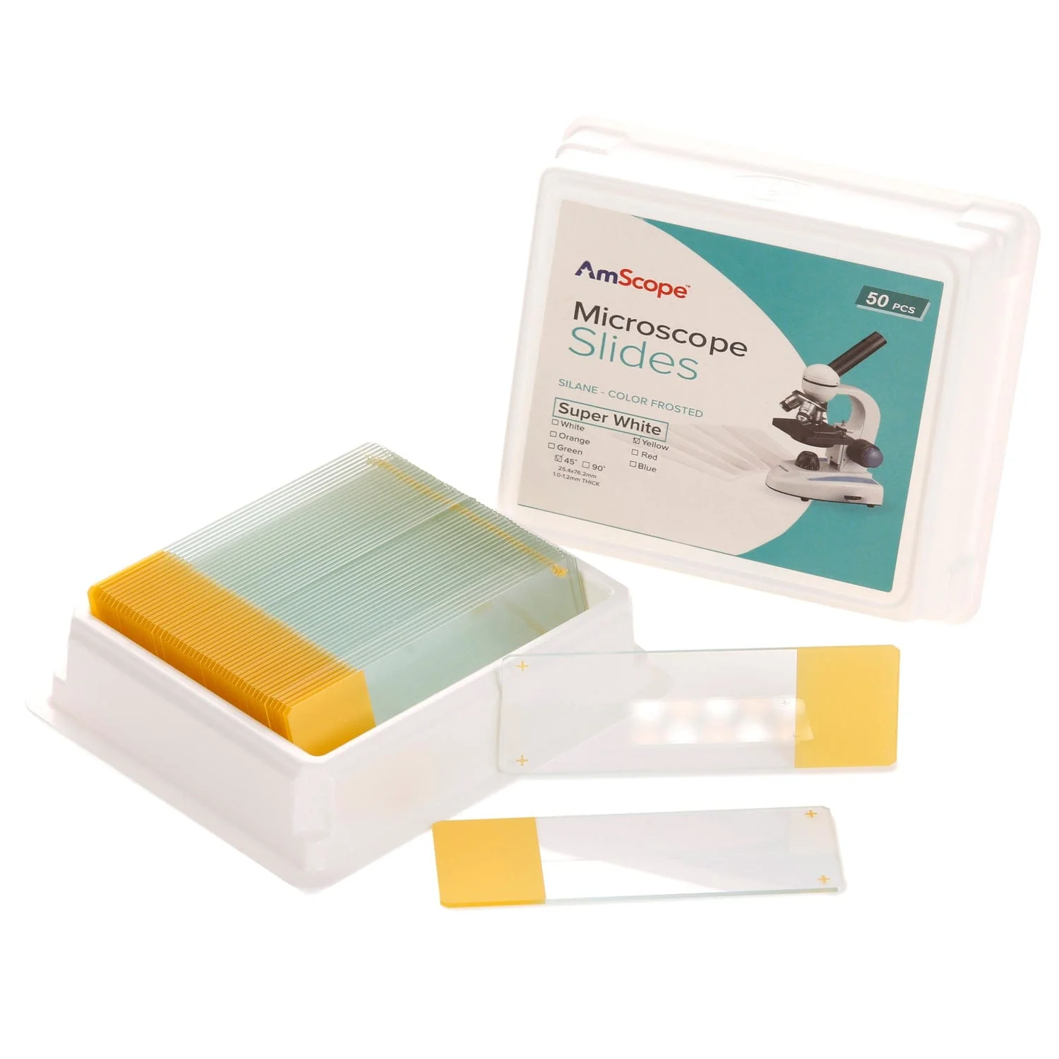 AmScope 50pc Blank Silane Slides with Single Frosted, Yellow-Coated Side