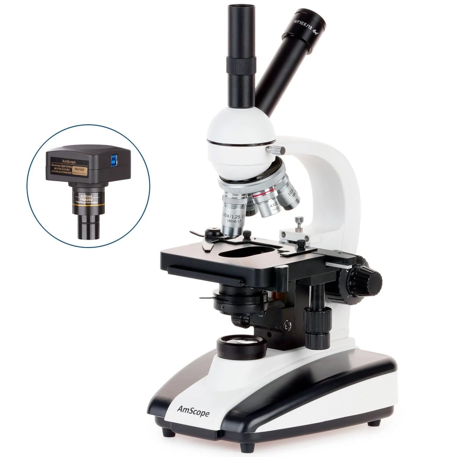 AmScope D130 Series Dual-View Monocular Compound Microscope with 20W Halogen Light, 3D Mechanical Stage and Optional Digital Camera - Image 4