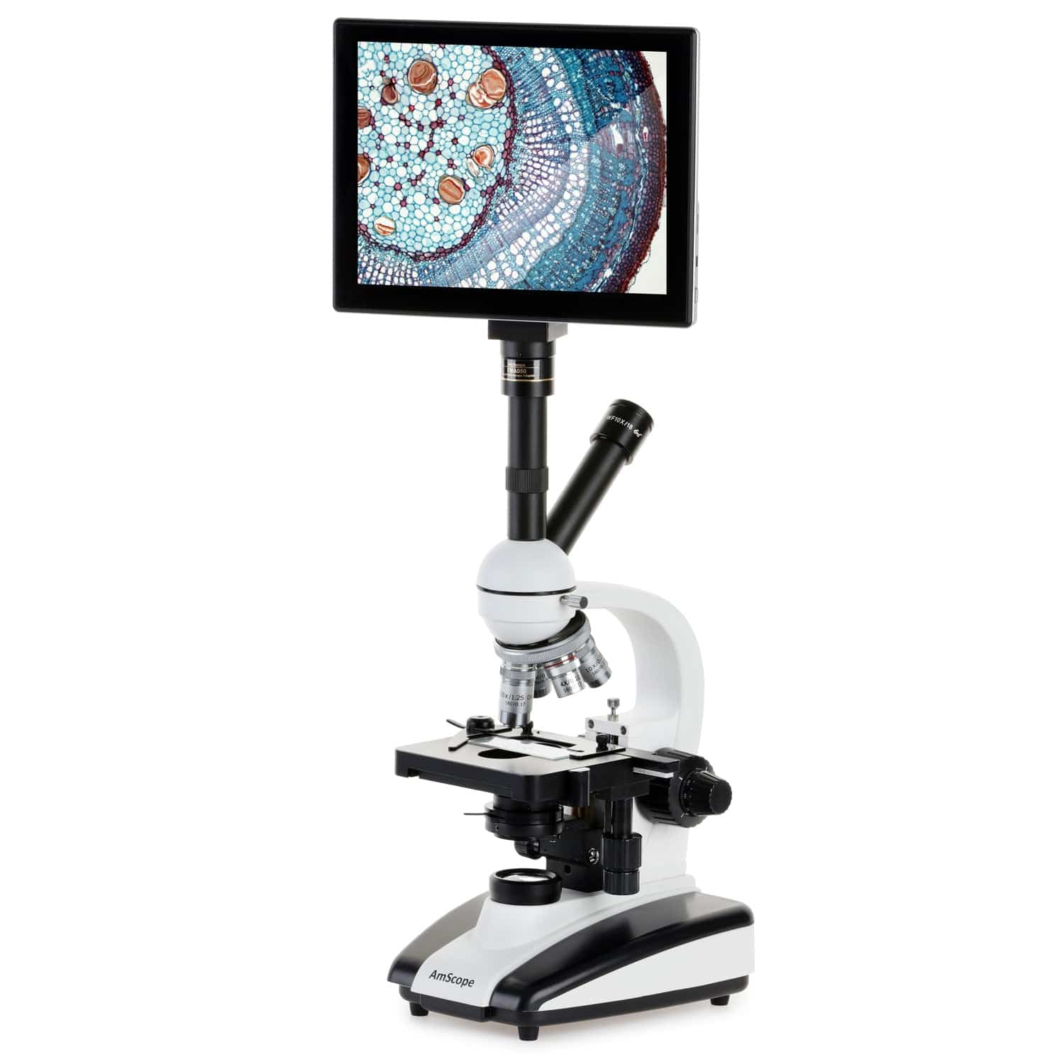 AmScope D130 Series Dual-view Monocular LED Student Compound Microscope with Mechanical Stage + 9.7" Touchscreen Imaging System