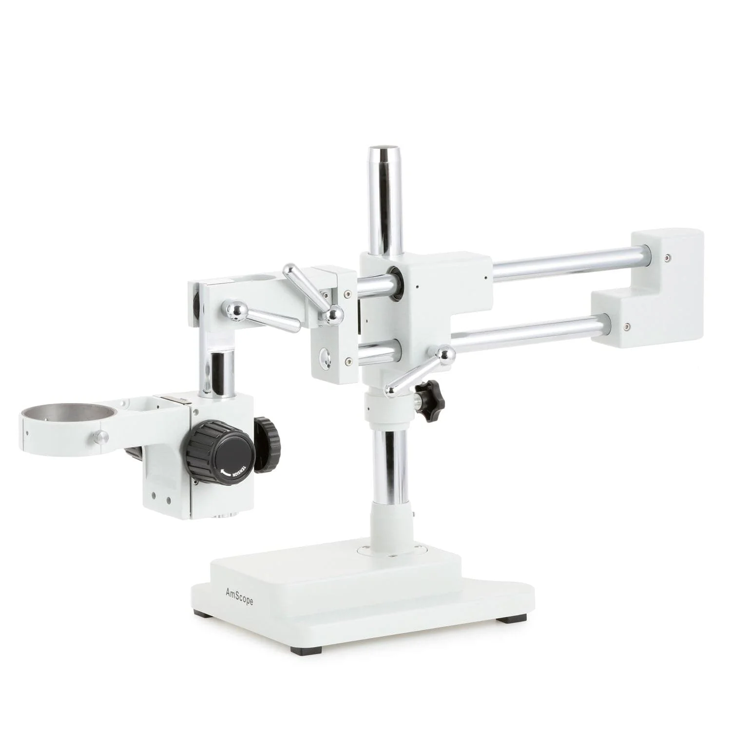 AmScope DAW White Double Arm Boom Stand for Stereo Microscopes - Steel Arms, 76mm Focus Block