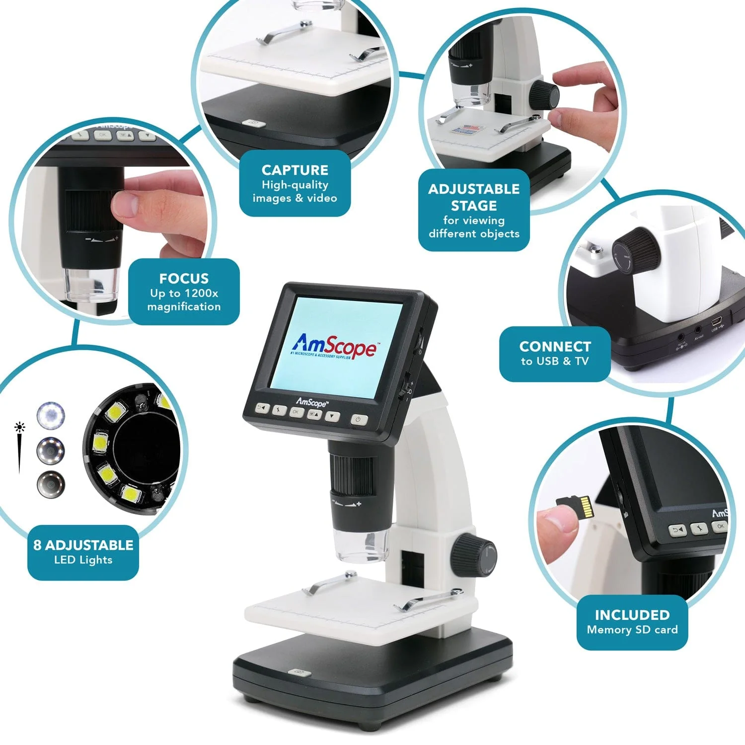 Amscope DM130-M5S035 Digital Compound Microscope for Kids – 20X–1200X LED Illumination LCD Screen, Photo & Video Capture, STEM Learning Microscopes - Image 7