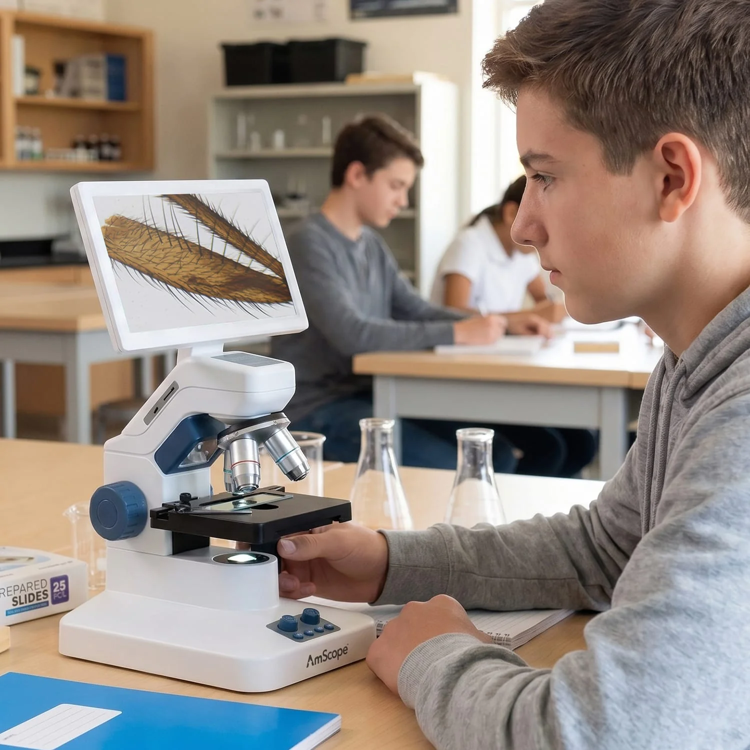 AmScope Full HD 7" Digital Compound Microscope w/ Mechanical Stage, 4 Objectives, and 32GB MicroSD Card - Image 10