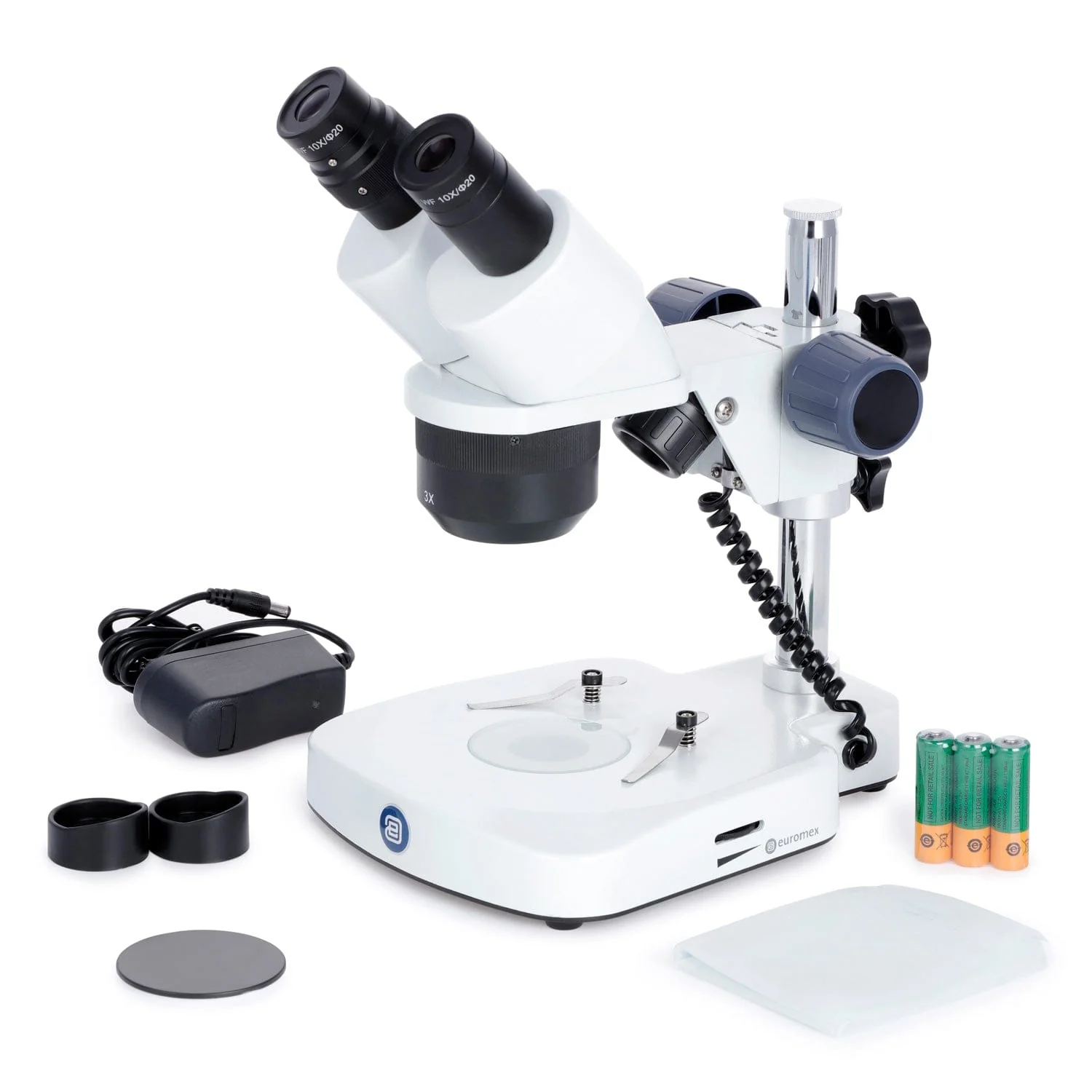 Euromex EduBlue Series Binocular Stereo Microscope 10X-30X Magnification with with 1X/3X Objective Lenses on Dual Illumination Pillar Stand - Image 7