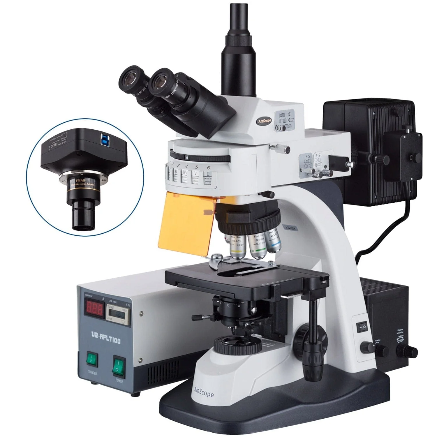 AmScope FM800 Series 30W Infinity Plan Extreme Widefield EPI-Fluorescent Trinocular Compound Microscope with Five Wave Bands and Optional Digital Camera - Image 4