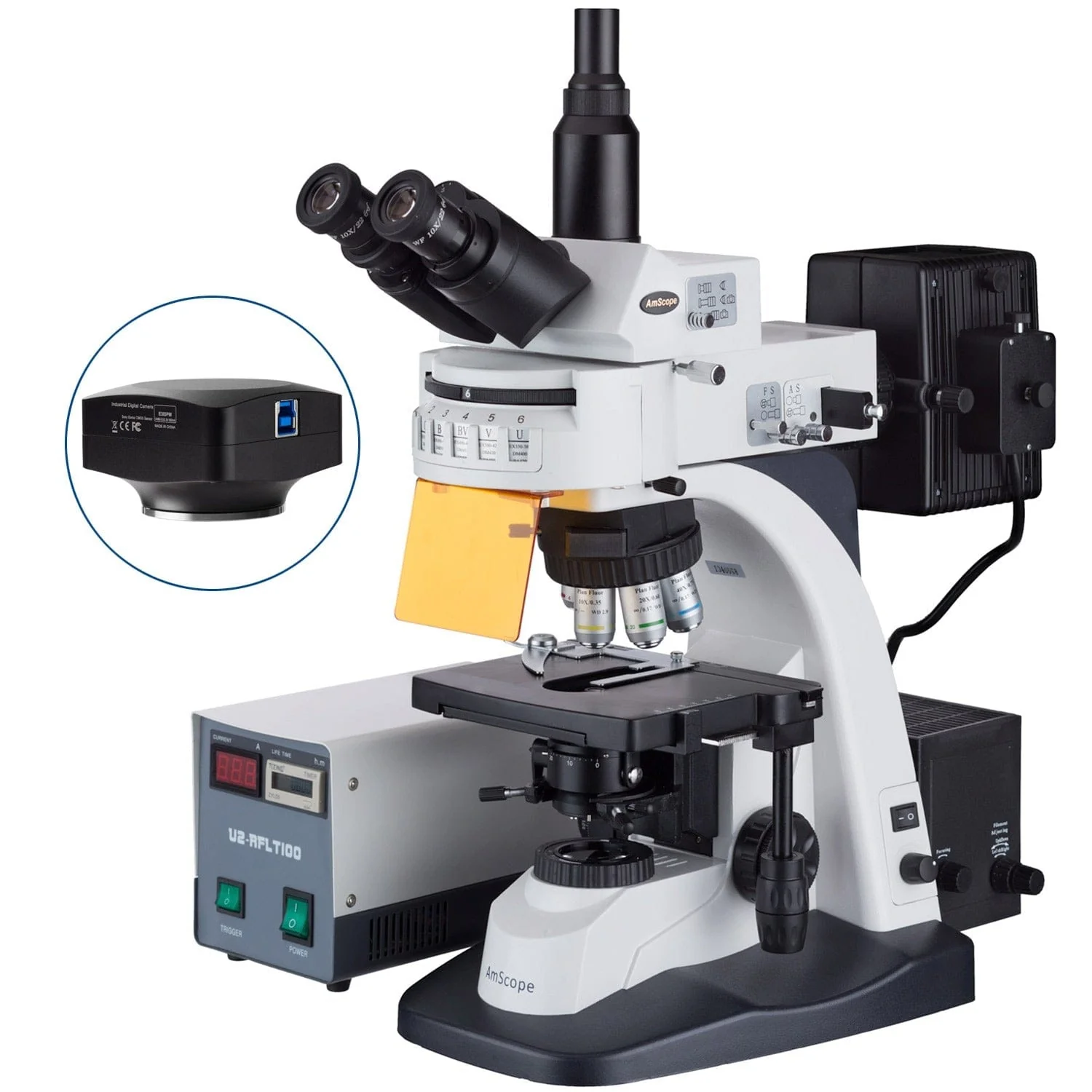 AmScope FM800 Series 30W Infinity Plan Extreme Widefield EPI-Fluorescent Trinocular Compound Microscope with Five Wave Bands and Optional Digital Camera - Image 7