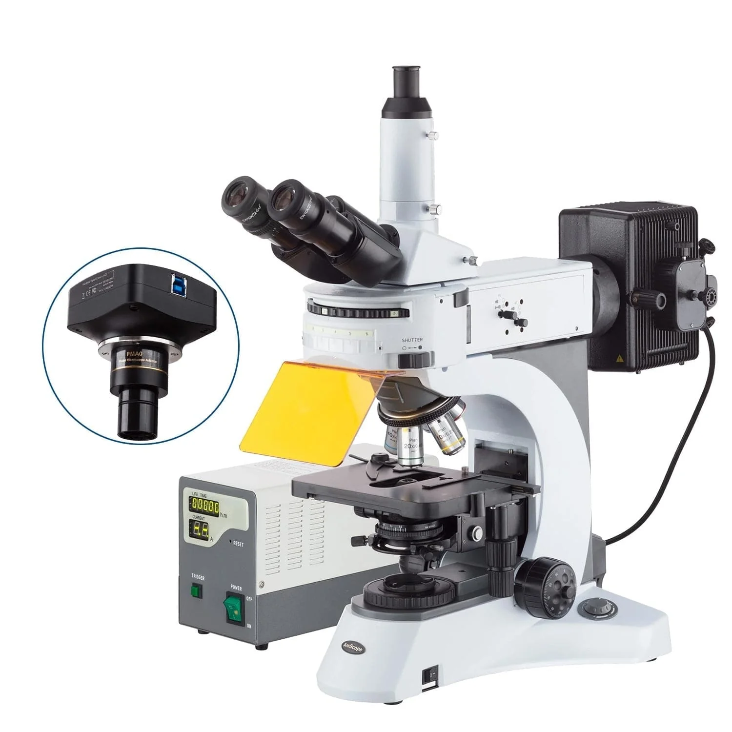 AmScope FM820 Series Upright EPI-Fluorescence Trinocular Compound Microscope with Rotating Multi-Filter Turret and Ultra-Sensitive Camera Option - Image 2