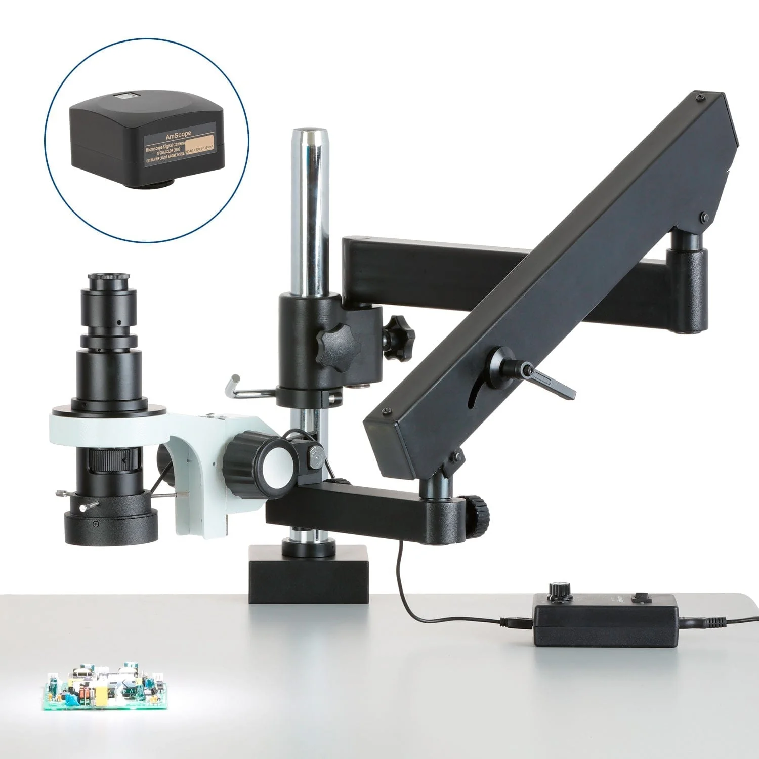 AmScope H800 Series Zoom Inspection Monocular Stereo Microscope 0.7X-5X Magnification on Articulating Arm w/ Pillar with LED Ring Light and Optional USB Camera - Image 2