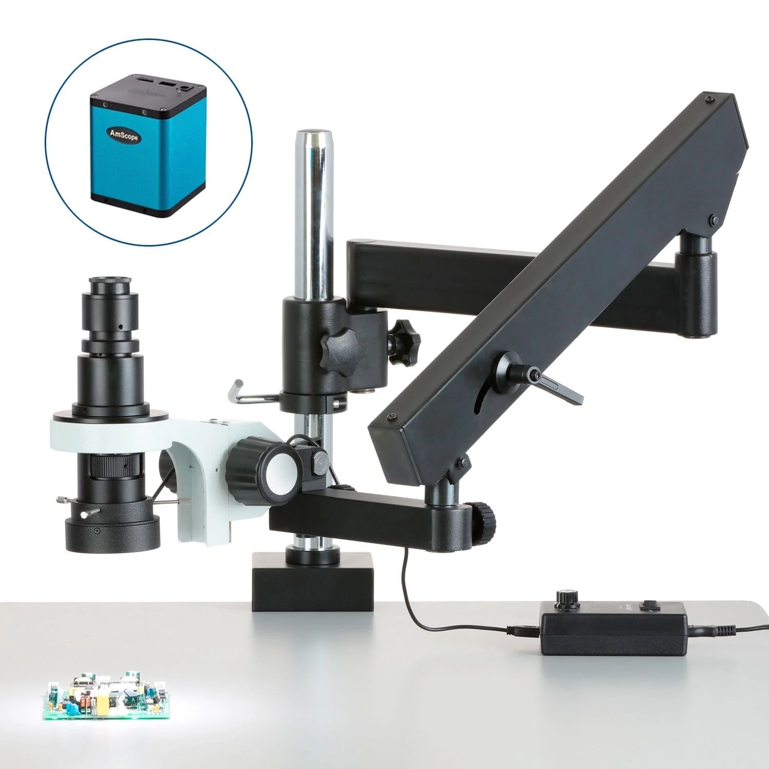 AmScope H800 Zoom Inspection Monocular Stereo Microscope 0.7X-5X Magnification with LED Ring Light on Articulating Arm with Pillar and Auto-Focus HDMI Camera - Image 2