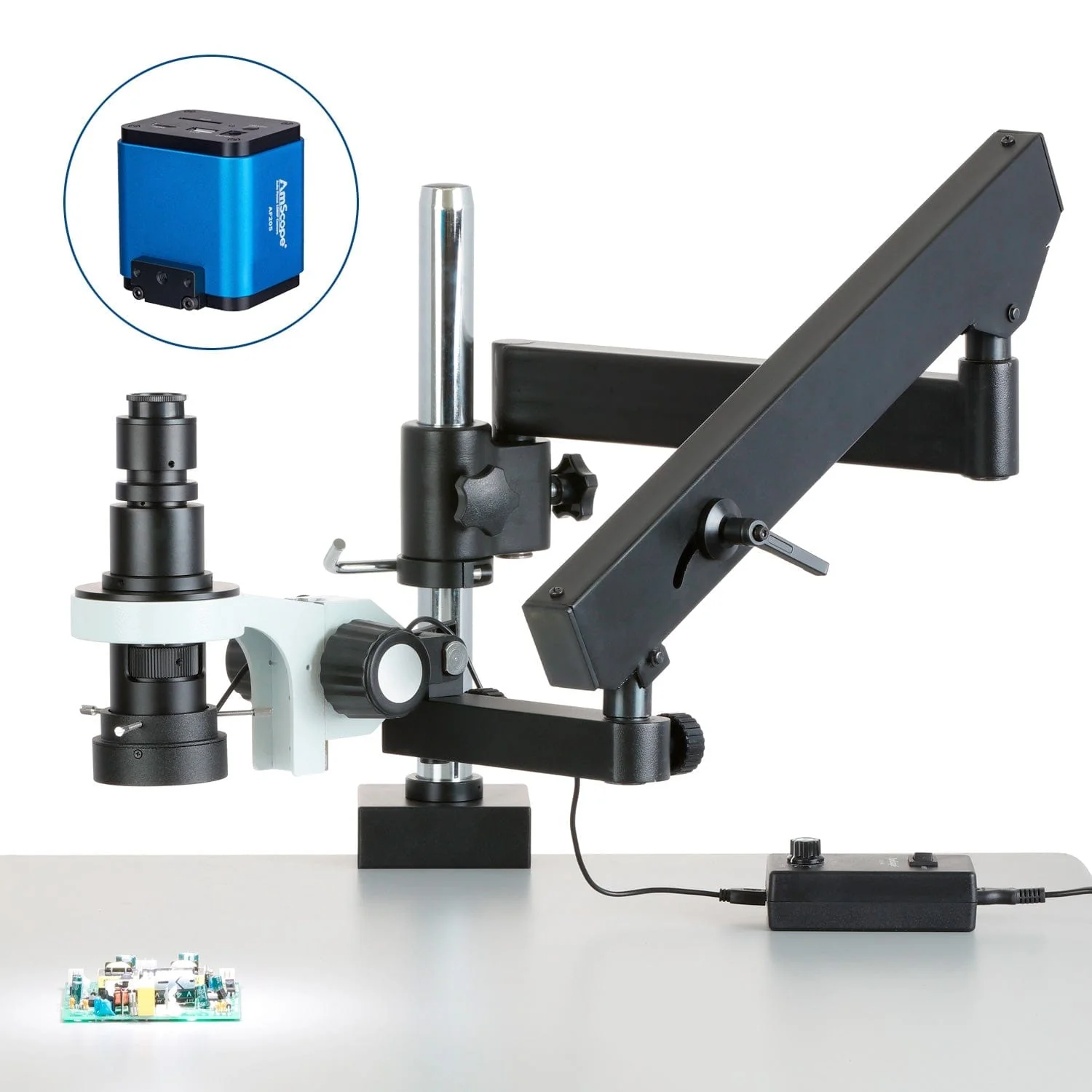 AmScope H800 Zoom Inspection Monocular Stereo Microscope 0.7X-5X Magnification with LED Ring Light on Articulating Arm with Pillar and Auto-Focus HDMI Camera - Image 4