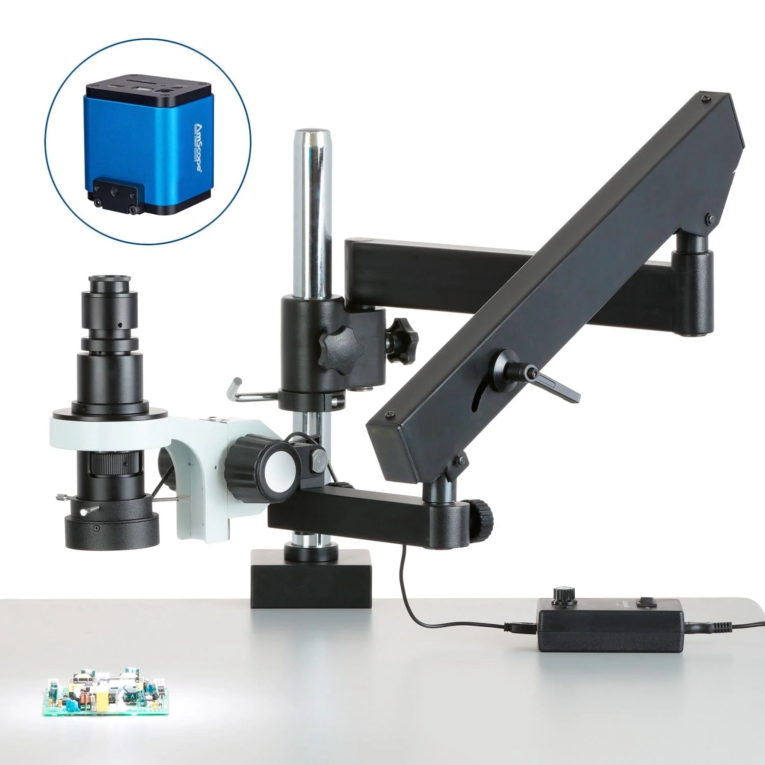 AmScope H800 Zoom Inspection Monocular Stereo Microscope 0.7X-5X Magnification with LED Ring Light on Articulating Arm w/ Pillar and HDMI Camera - Image 2