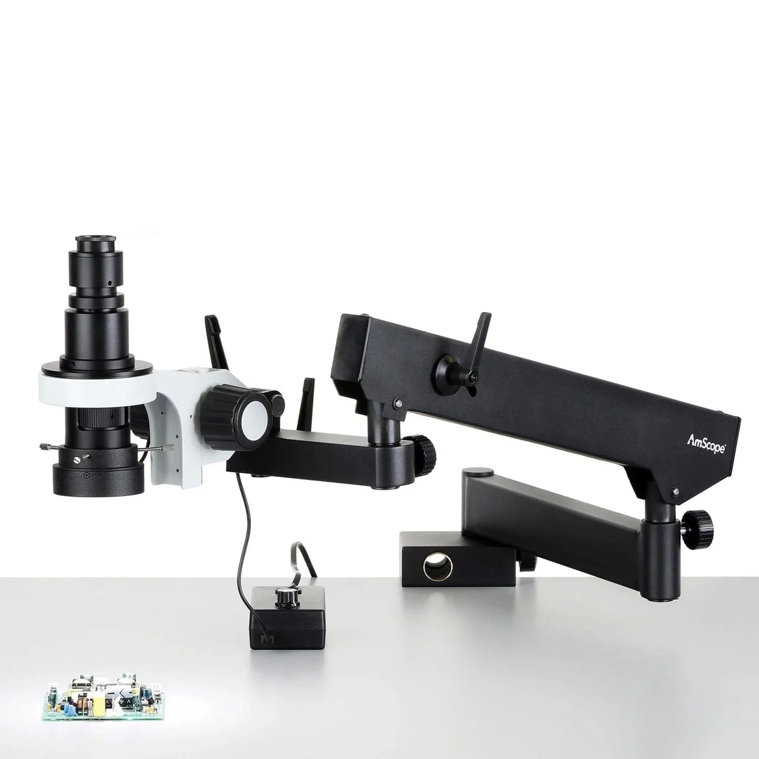 AmScope H800 Series Zoom Inspection Monocular Stereo Microscope 0.7X-5X Magnification on Articulating Arm with LED Ring Light and Optional USB Camera