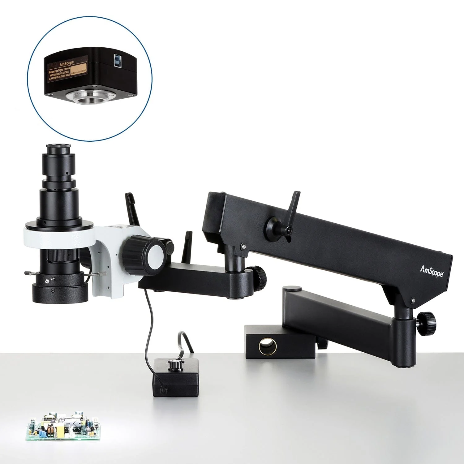 AmScope H800 Series Zoom Inspection Monocular Stereo Microscope 0.7X-5X Magnification on Articulating Arm with LED Ring Light and Optional USB Camera - Image 3