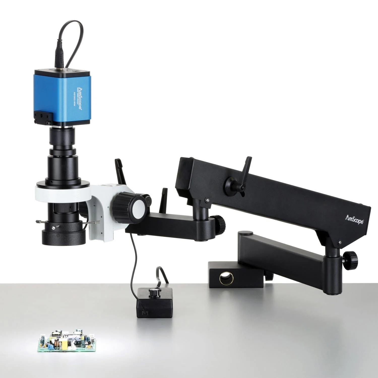 AmScope H800 Zoom Inspection Monocular Stereo Microscope 0.7X-5X Magnification with LED Ring Light on Articulating Arm and HDMI Camera