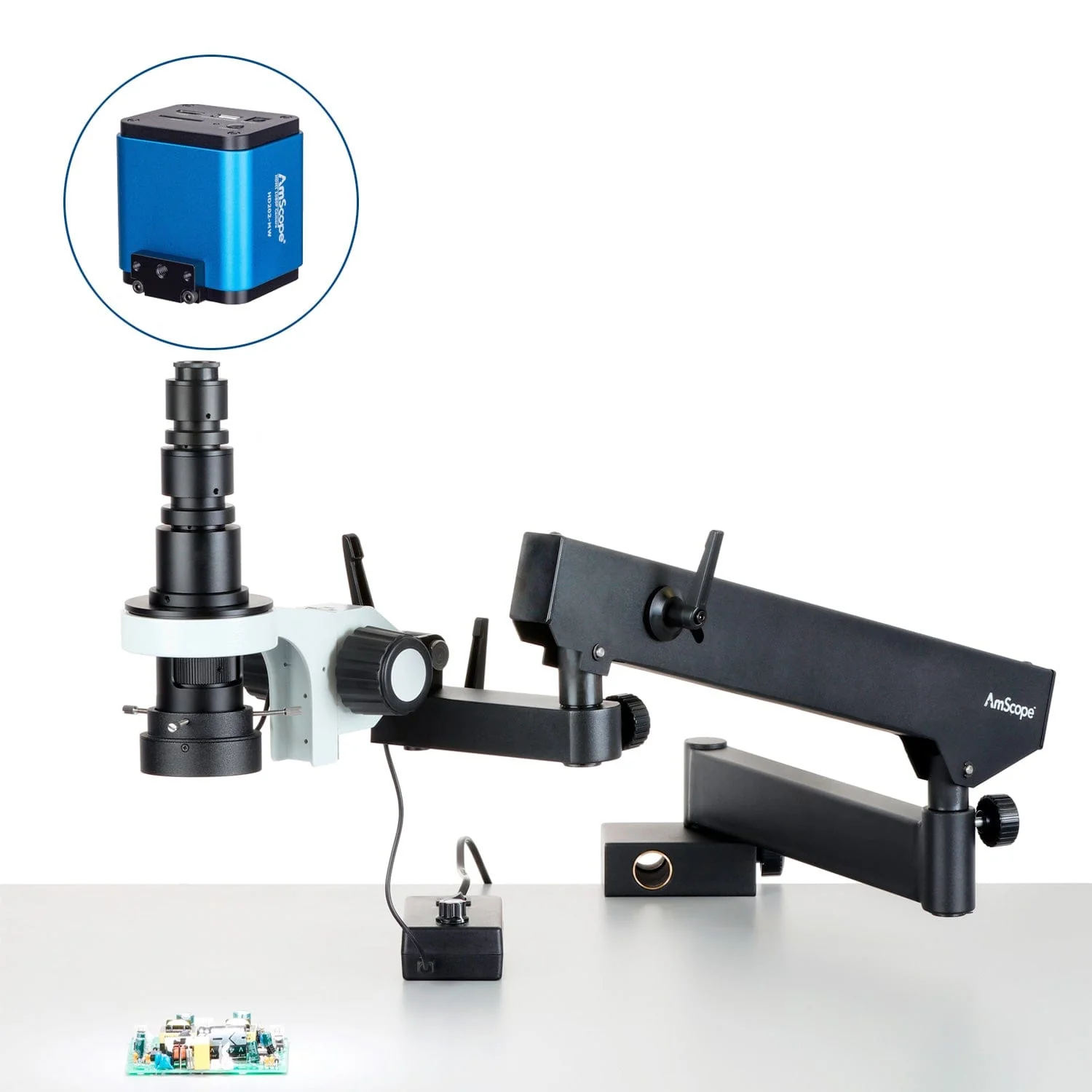 AmScope H800 Zoom Inspection Monocular Stereo Microscope 0.7X-5X Magnification with LED Ring Light on Articulating Arm and HDMI Camera - Image 2